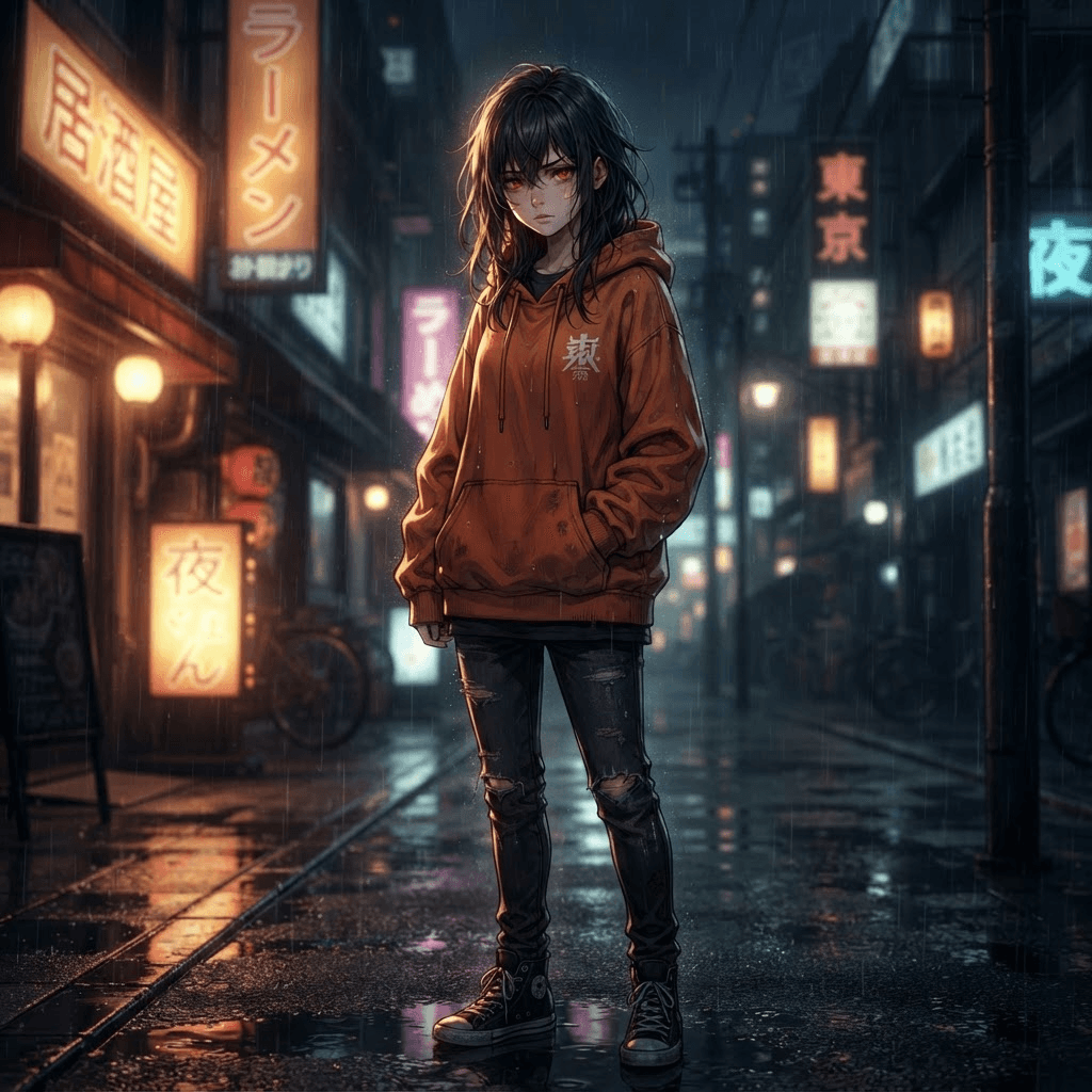 Anime girl with red eyes, orange hoodie