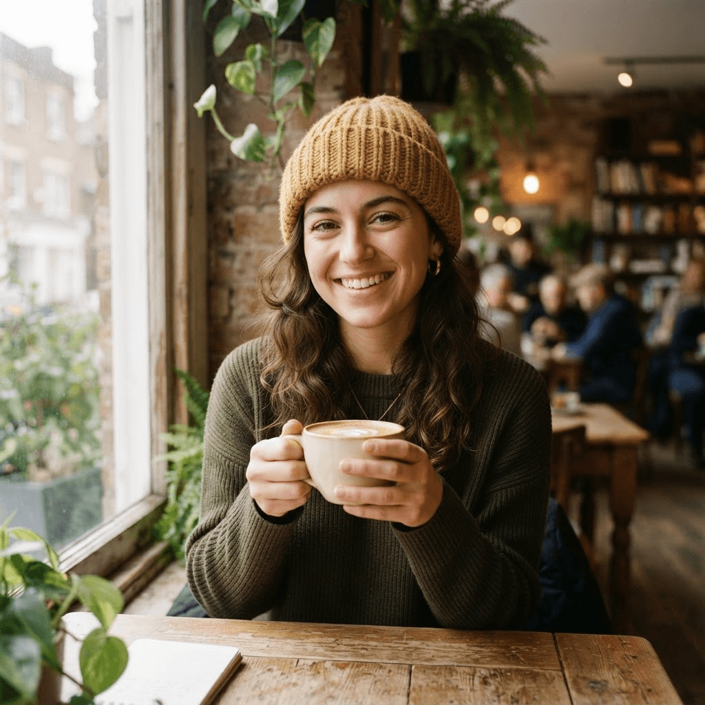 A young woman holding a coffee cup