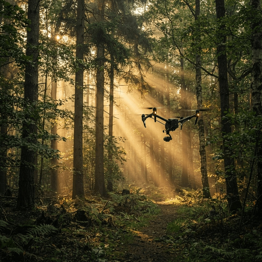 A drone flies through a dense forest